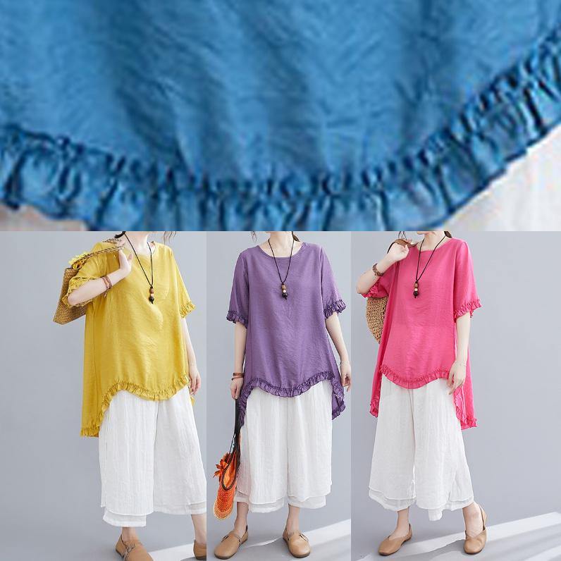 Cotton linen red two-piece fungus stitching round neck T-shirt split seven-point wide-leg pants fashion suit