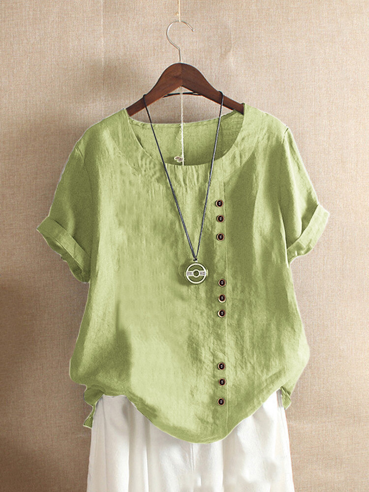 Women's 2023 Spring-Summer Casual Short Sleeve Tunic Tops Ruffle Button Loose Blouse T-Shirts