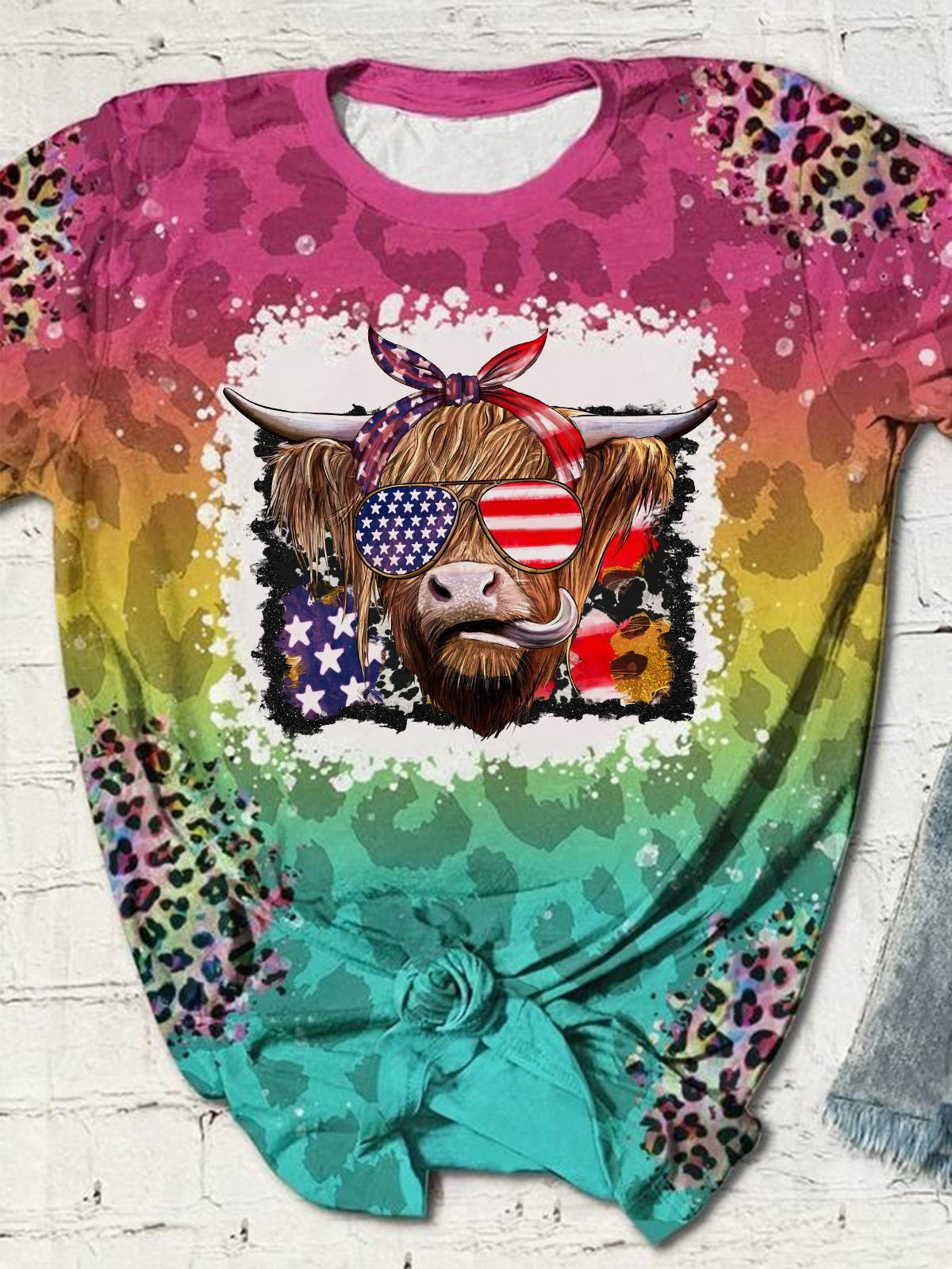 Cow American Flag Leopard Crew Neck T-shirt