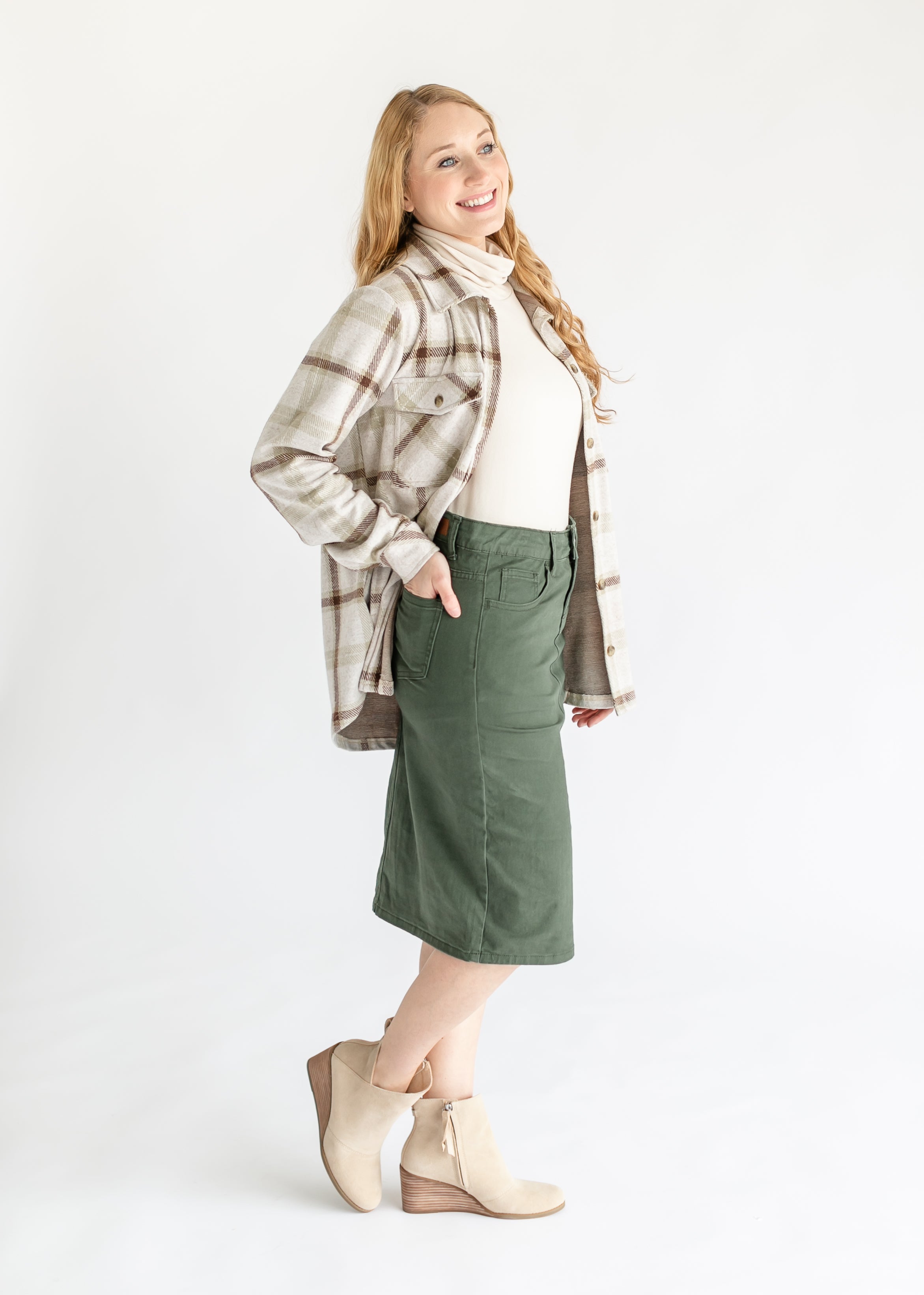 Remi Olive Branch Denim Midi Skirt