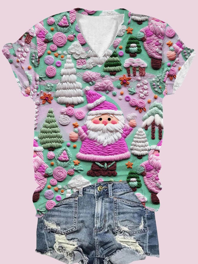 Women's  Santa Claus Print V-Neck T-Shirt