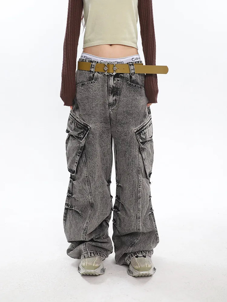 Retro Chic Old Washed Wide-Leg Cargo Pants