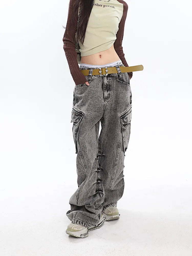 Retro Chic Old Washed Wide-Leg Cargo Pants