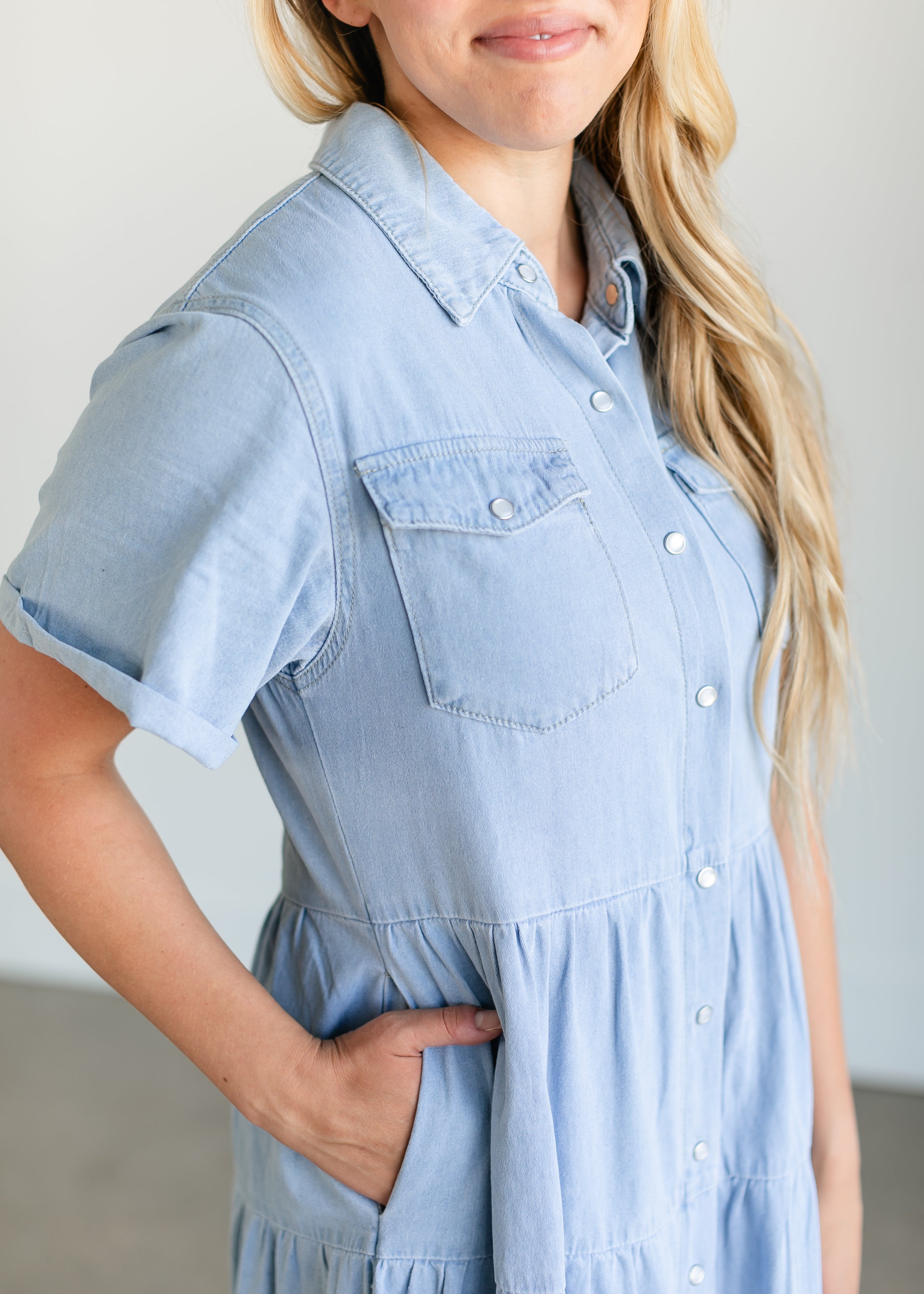 Snap Up Denim Midi Dress