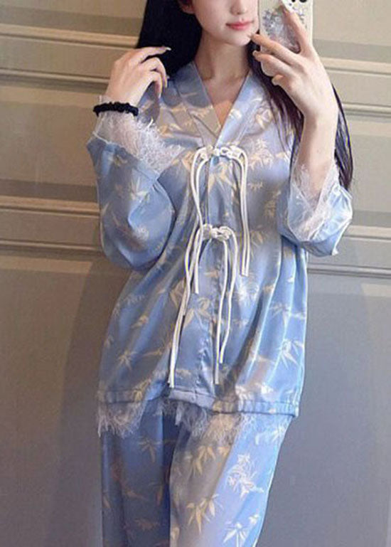 Classy Purple Tasseled Lace Patchwork Ice Silk Two-Piece Set Pajamas Long Sleeve