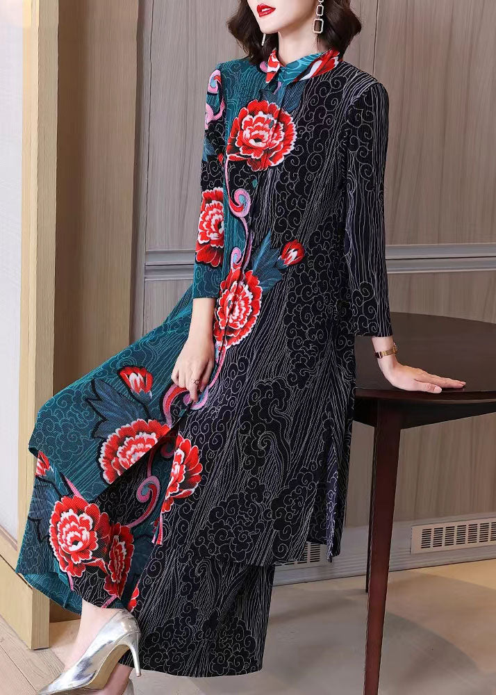 Women's retro long green printed cardigan shirt jacket wide leg pants two-piece suit