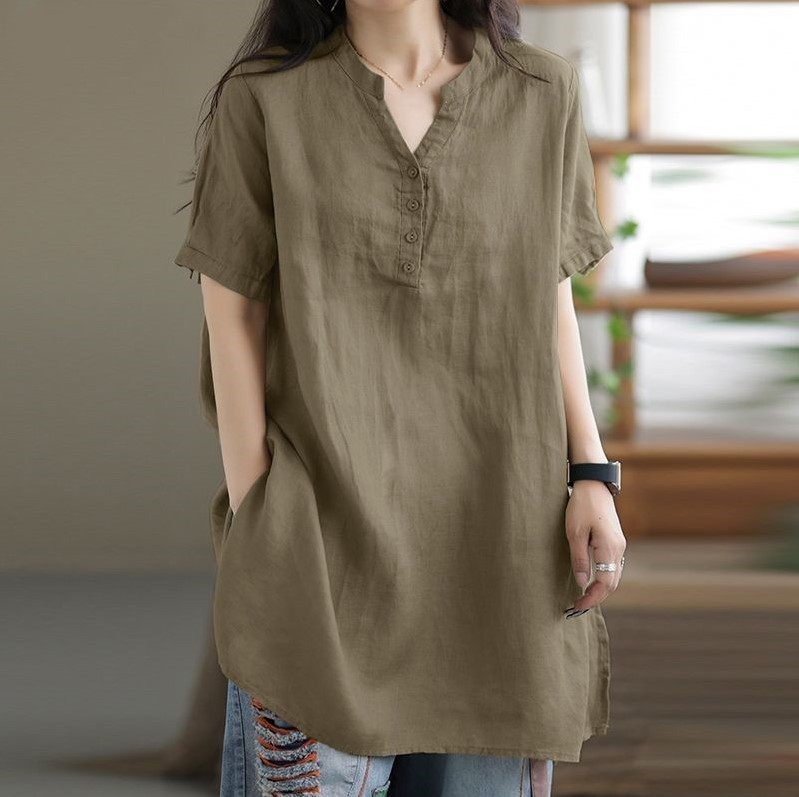 Women Summer Cotton Linen Tops Oversized Casual Short Sleeve V Neck