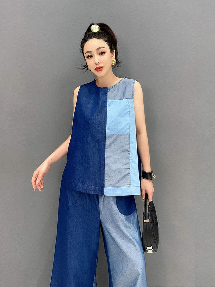 Everyday Chic Two Tone Denim Top & Wide Leg Pants 2-Piece Set