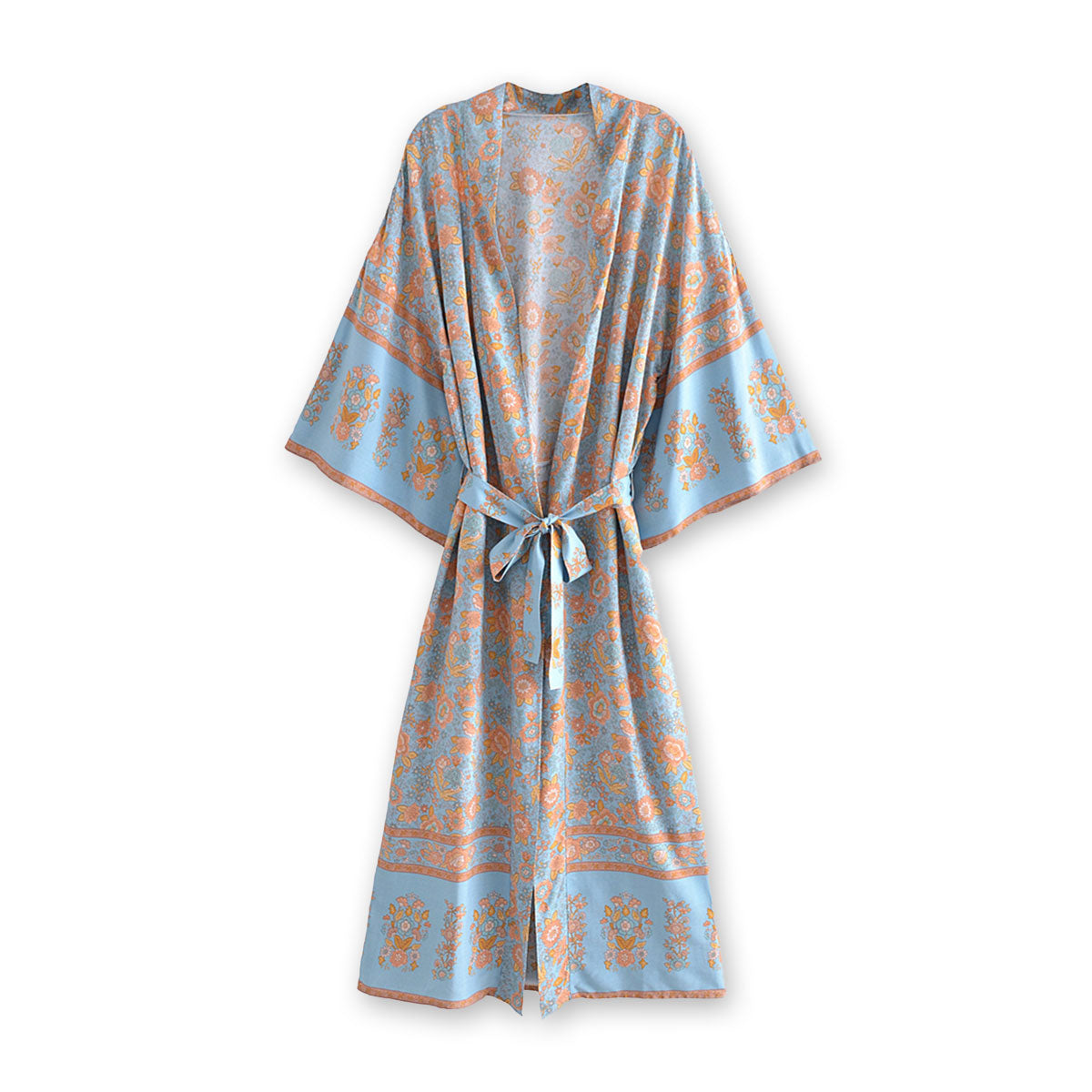 Enchanted Blue Boho Floral Print Maxi Robe