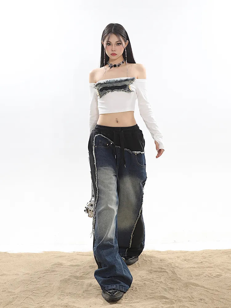 Classic Retro Elastic Waist Wide Leg Denim Pants