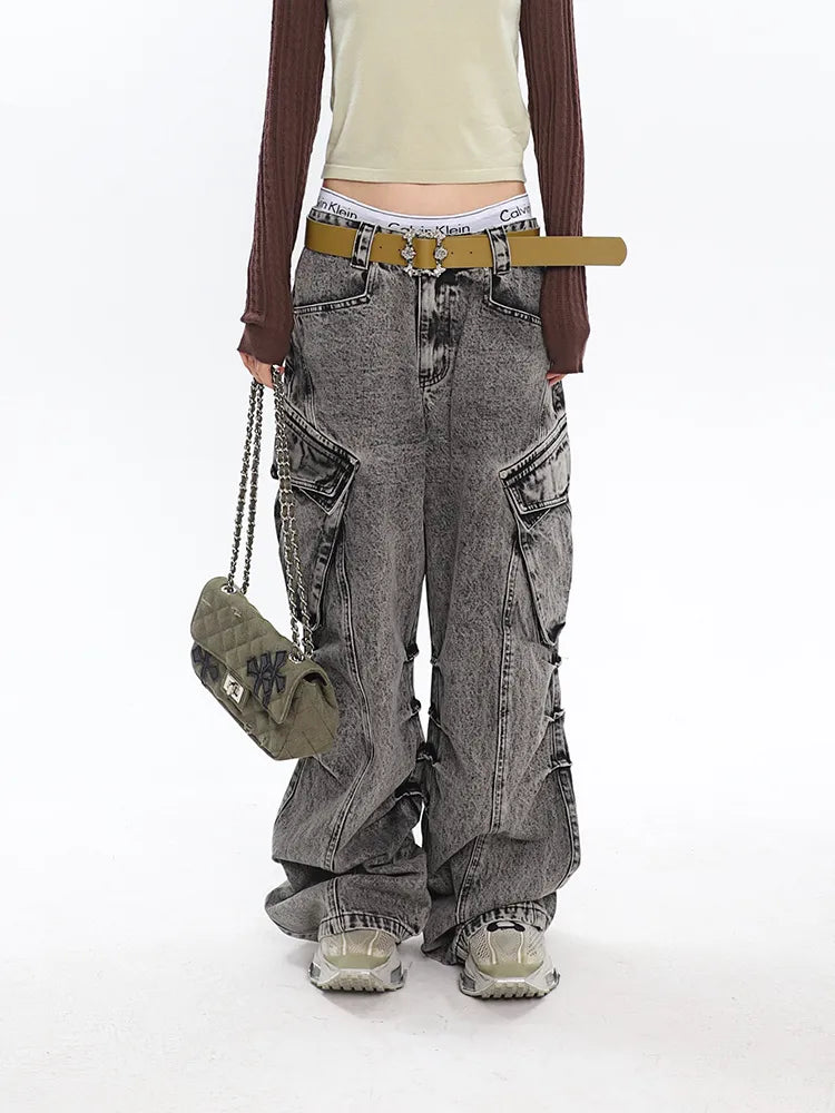 Retro Chic Old Washed Wide-Leg Cargo Pants