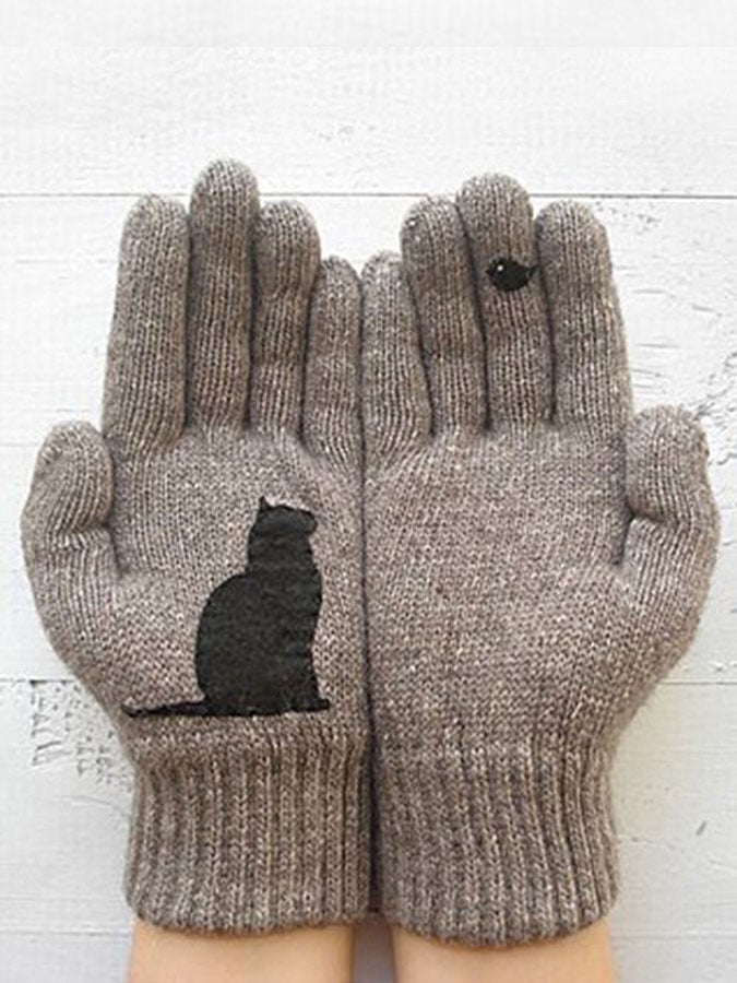 Women's cold-proof warm cat print knitted gloves