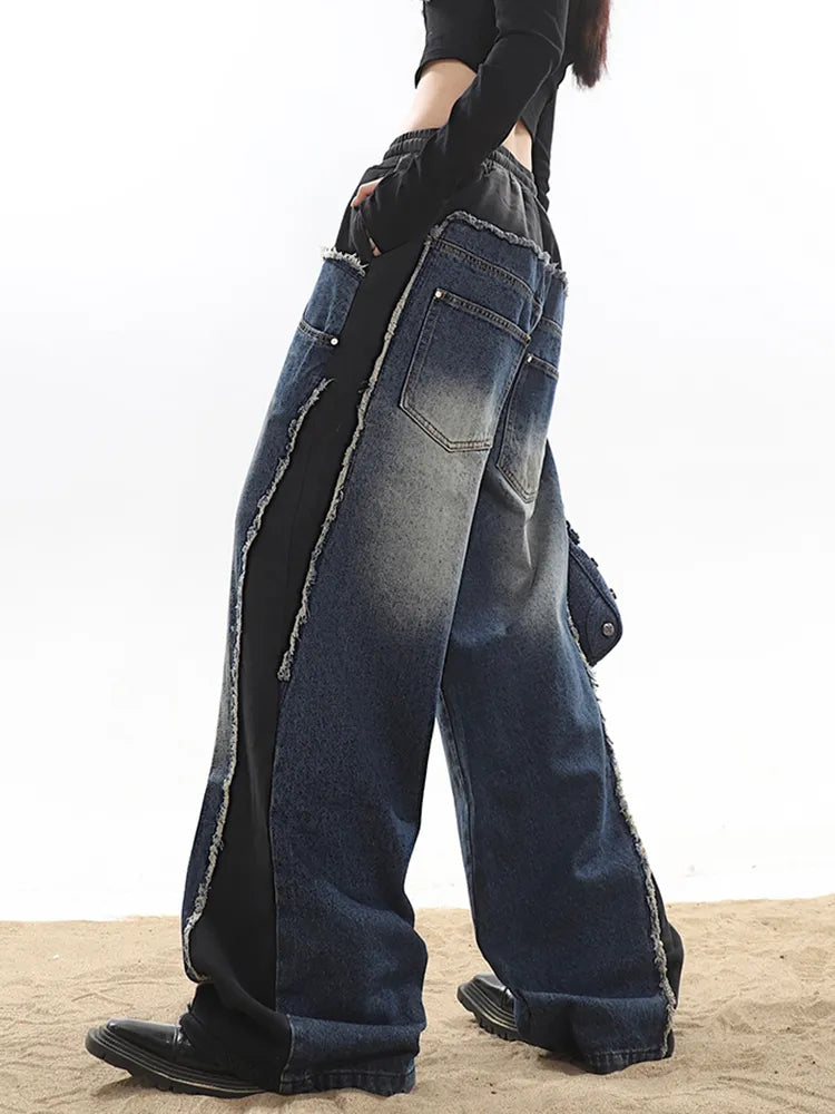 Classic Retro Elastic Waist Wide Leg Denim Pants