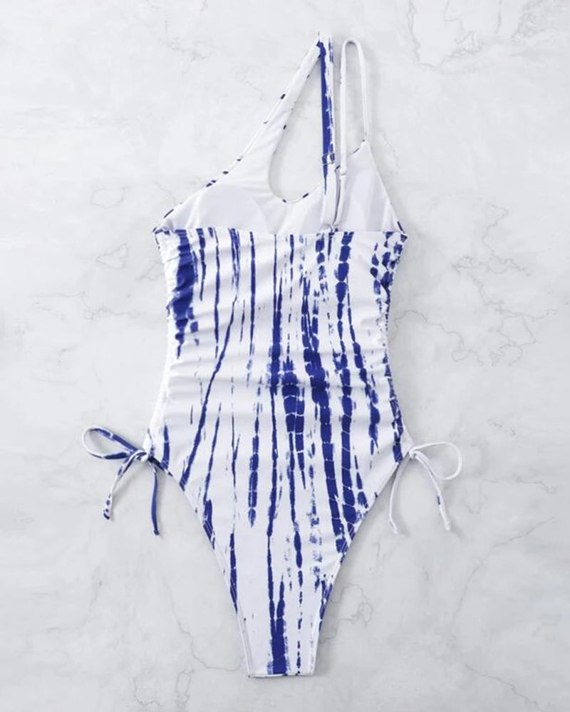 One Pieces Tie Dye Swimsuit One Shoulder Drawstring Bathing Suit
