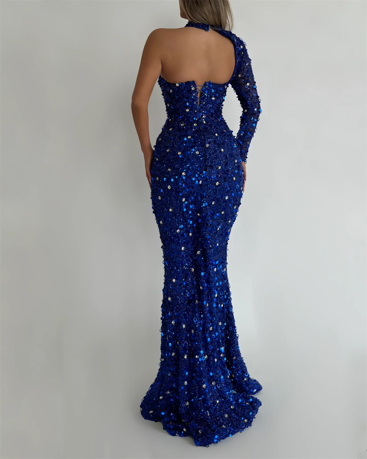 Fashion Blue One Shoulder Sleeve Halter Neck Sequined Dress