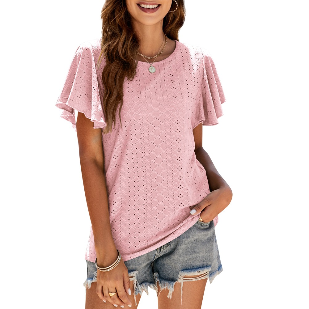 Ladies T-Shirt Cutout Tunic Ruffle Sleeve Casual Top