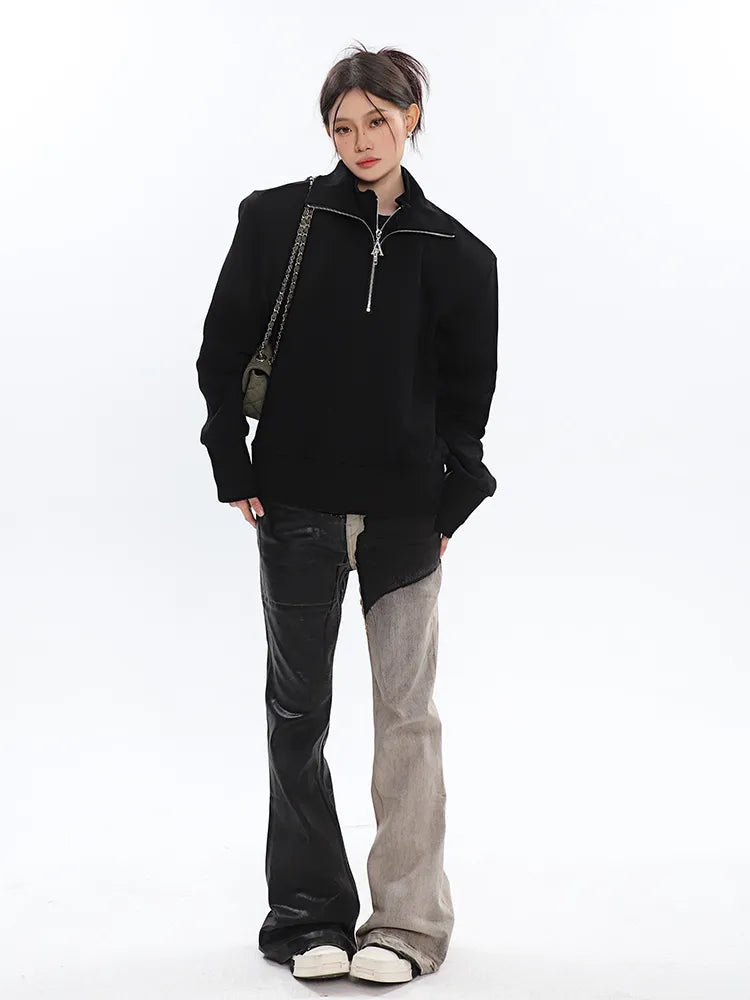 Black and Washed Denim Retro Twist Irregular Jeans