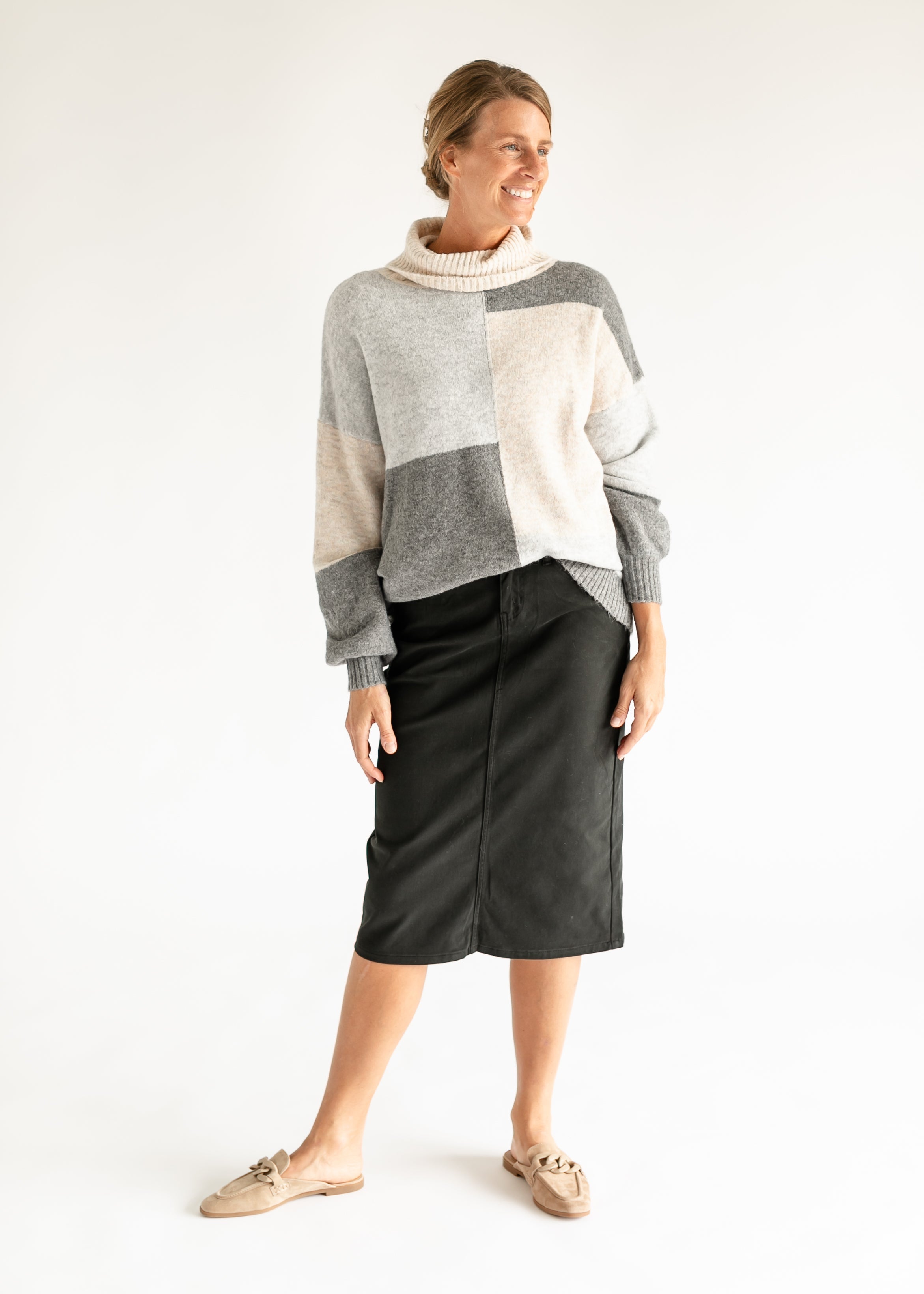 Remi Sable Black Denim Midi Skirt