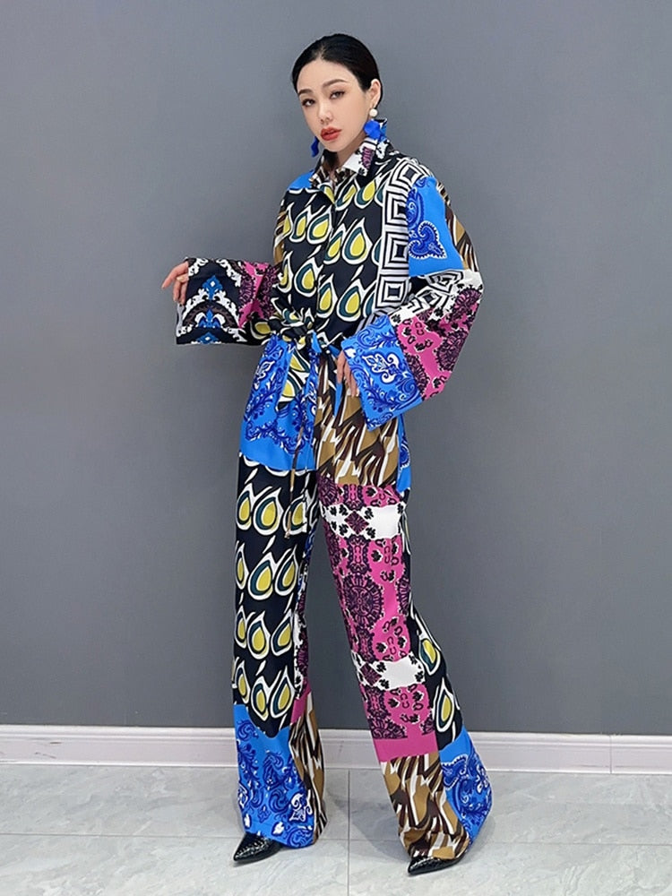 Daily Chic Patchwork Long Sleeve Top & Trousers 2-Piece Set