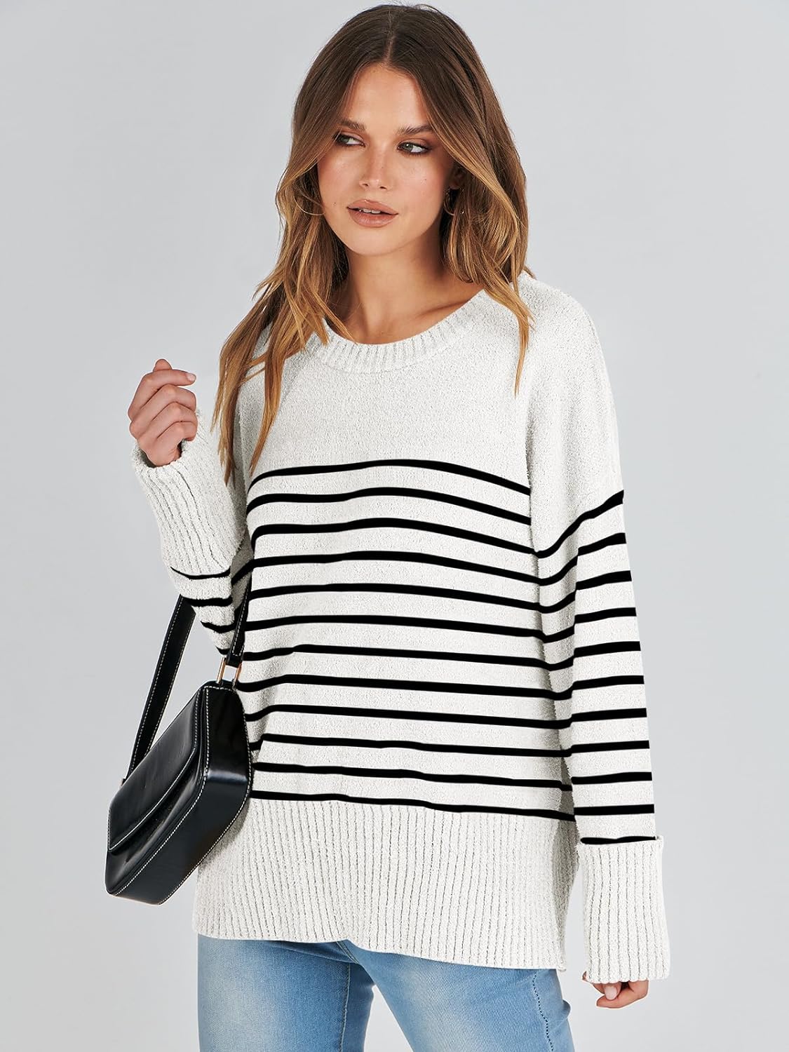 Women's Crewneck Long Sleeve Oversized Fuzzy Knit Chunky Warm Pullover Sweater Top