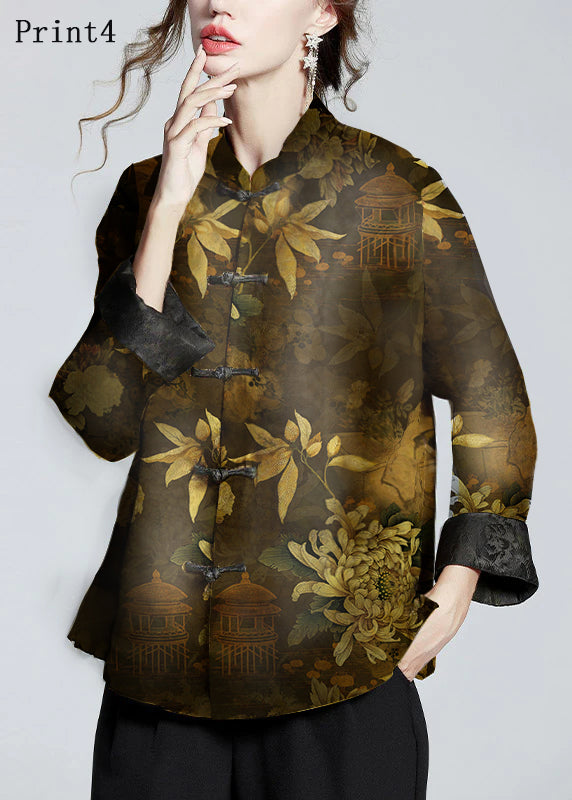 Chinese Style Golden Brown Stand Collar Button Print Silk Coats Long Sleeve