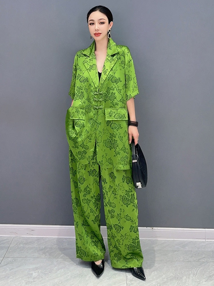 Green Chic Floral Print Top & Wide Leg Pants 2-Piece Set