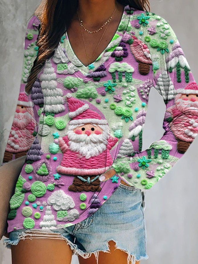 Women's Christmas Pink Santa V-Neck Top