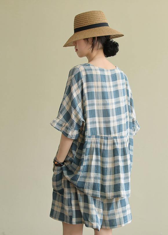 Loose Round Neck Stitching Top Elasticated Shorts Blue Plaid Two-piece Suit