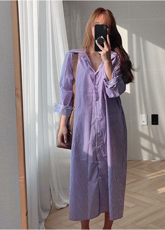 Fashion Purple Peter Pan Collar Striped Cotton Shirt Dresses Spring