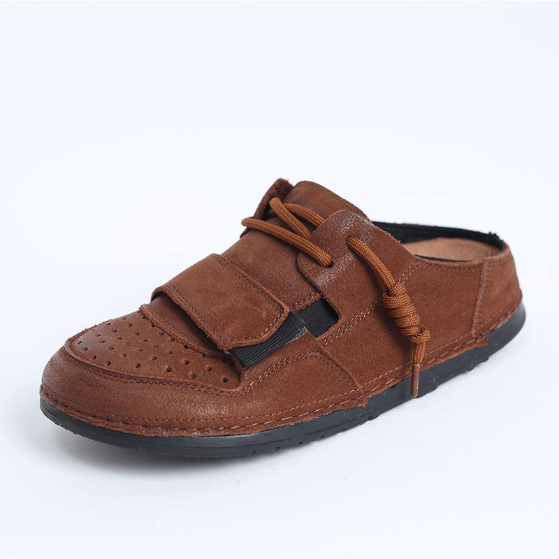 Fine Chocolate Lace Up Hollow Out Cowhide Leather Slippers