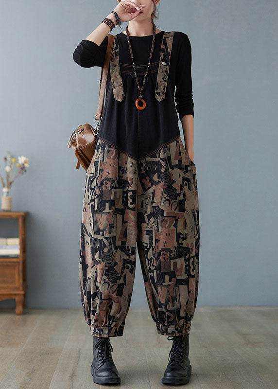 Fashion Black Pockets Button Print Patchwork Fall Pants
