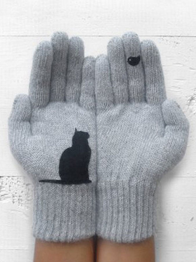 Women's cold-proof warm cat print knitted gloves