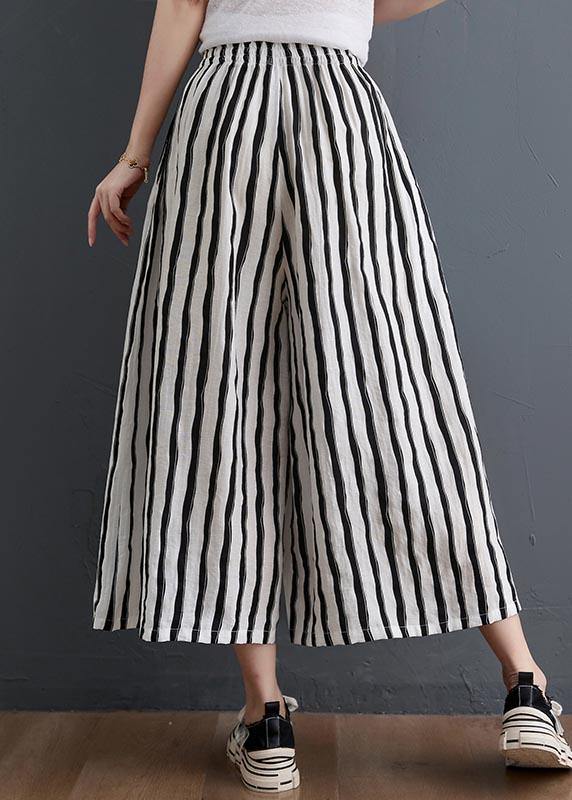 Plus Size Black White Striped Wide Leg Pants Summer Cotton