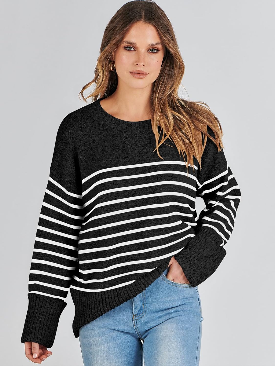 Women's Crewneck Long Sleeve Oversized Fuzzy Knit Chunky Warm Pullover Sweater Top