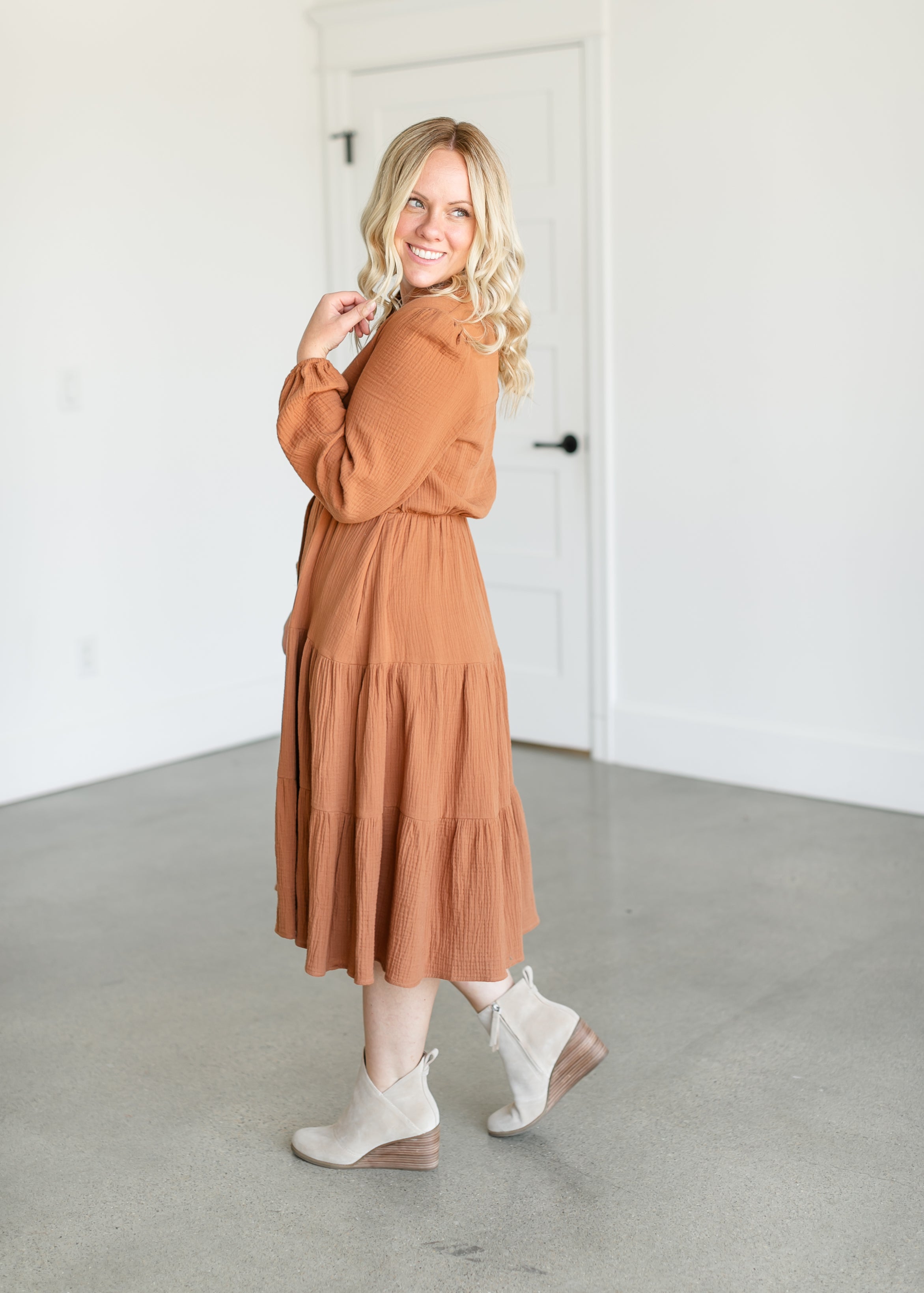 Button Up Long Sleeve Muslin Dress