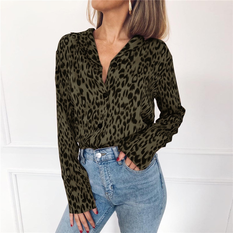 Women Blouses Summer Chiffon Leopard Blouse Long Sleeve Turn Down Collar Lady Office Shirt Loose Tops