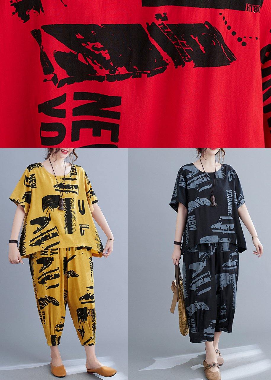 Plus Size Black Print crop pants Two Pieces Set Summer