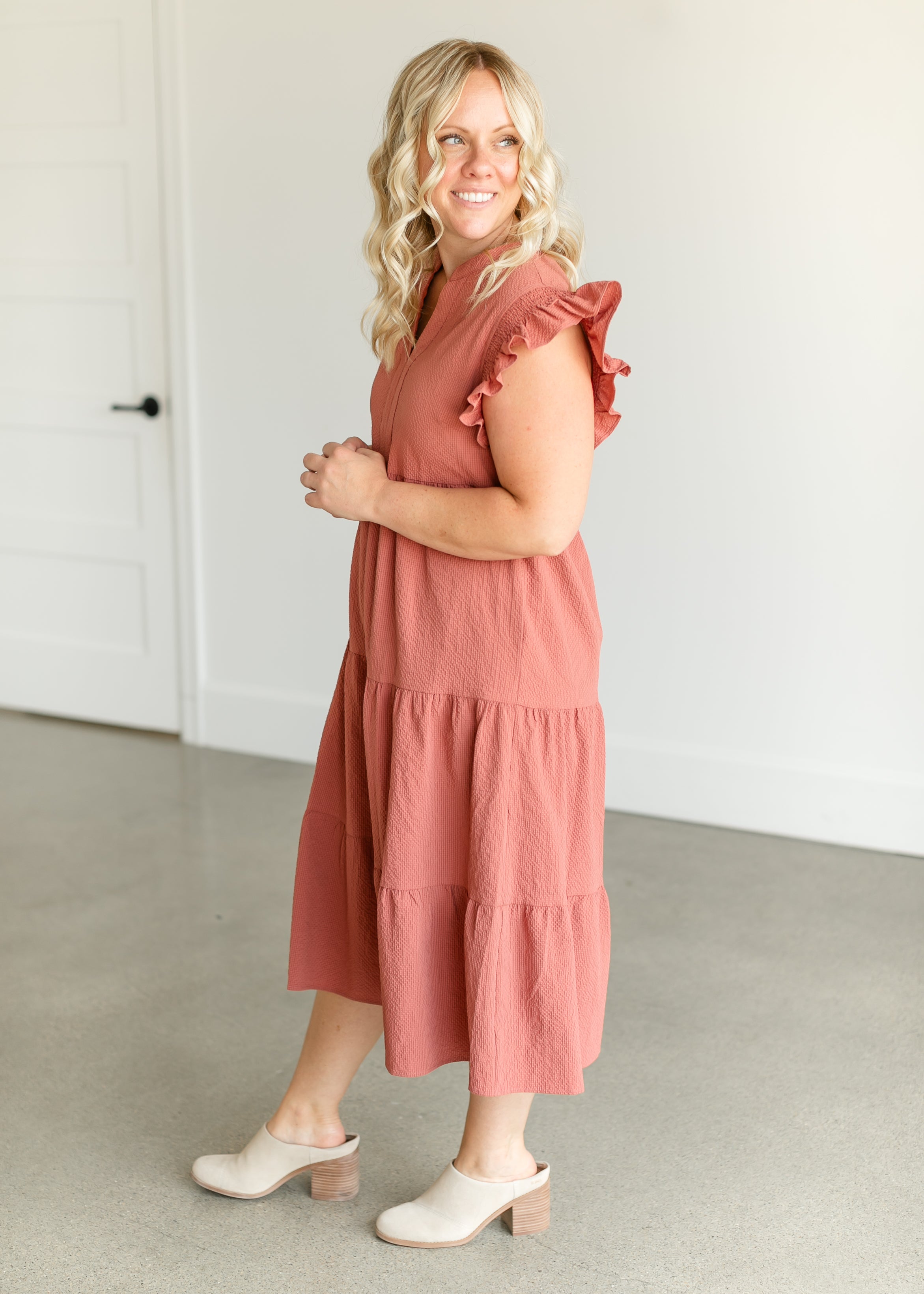 Textured V-neck Ruffle Sleeve Midi Dress - FINAL SALE