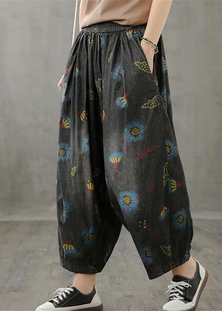 Literary plus size wide-leg pants 2021 autumn new thin yellow printed straight-leg pants
