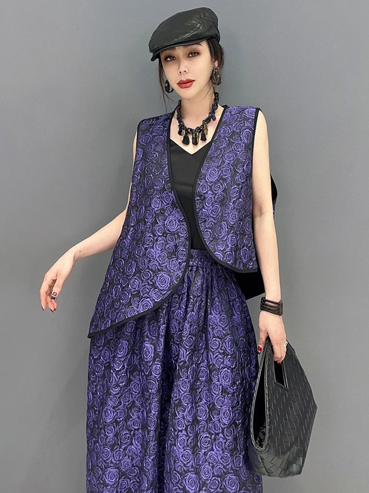 Purple Floral Vest & Elastic Waist Balloon Pants 2-Piece Set