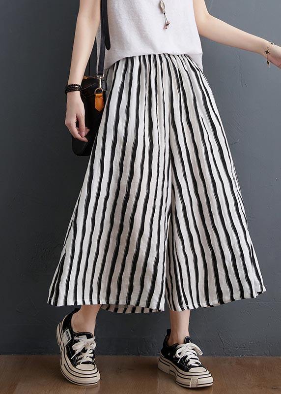 Plus Size Black White Striped Wide Leg Pants Summer Cotton