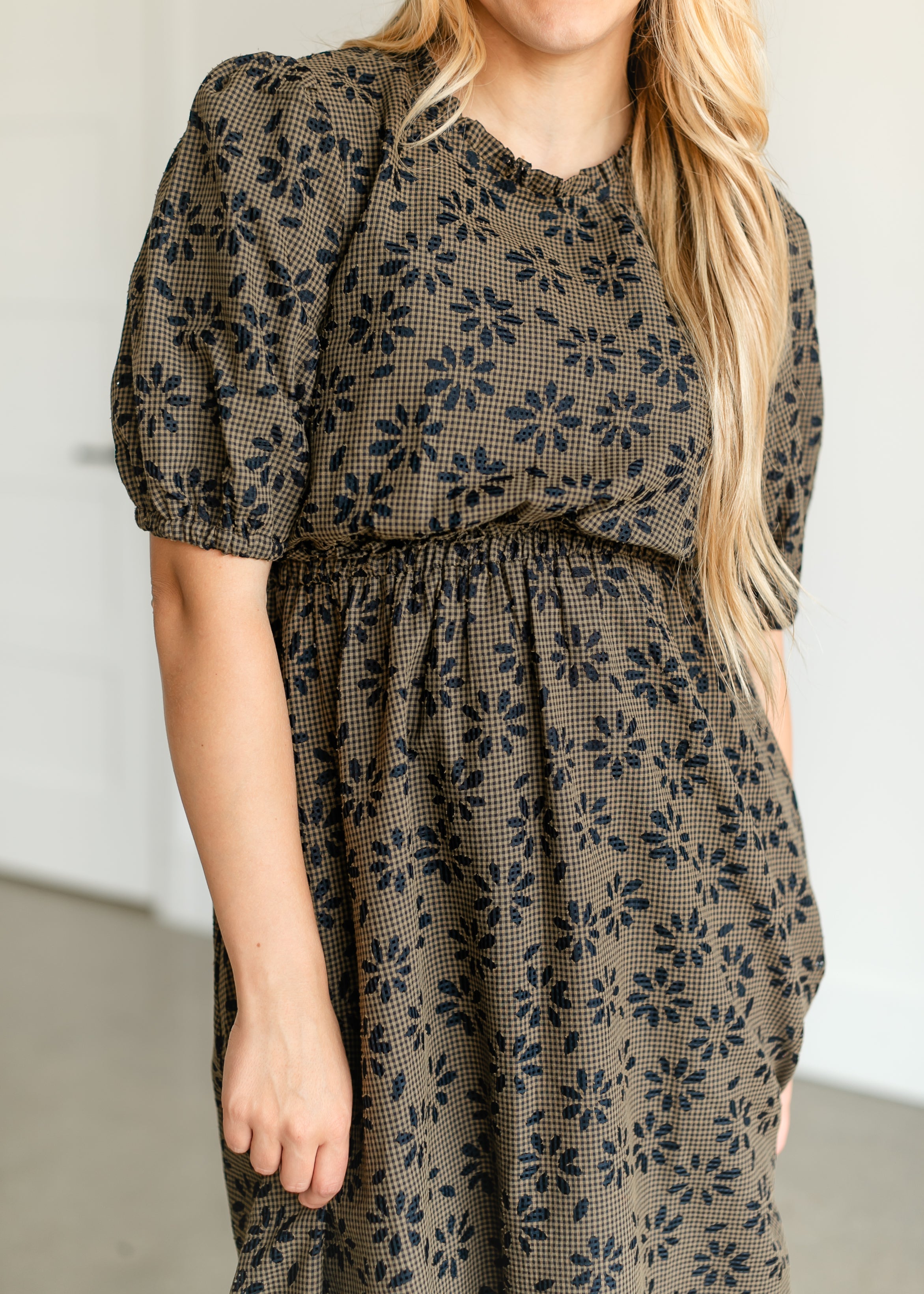 Gingham Floral Puff Sleeve Midi Dress