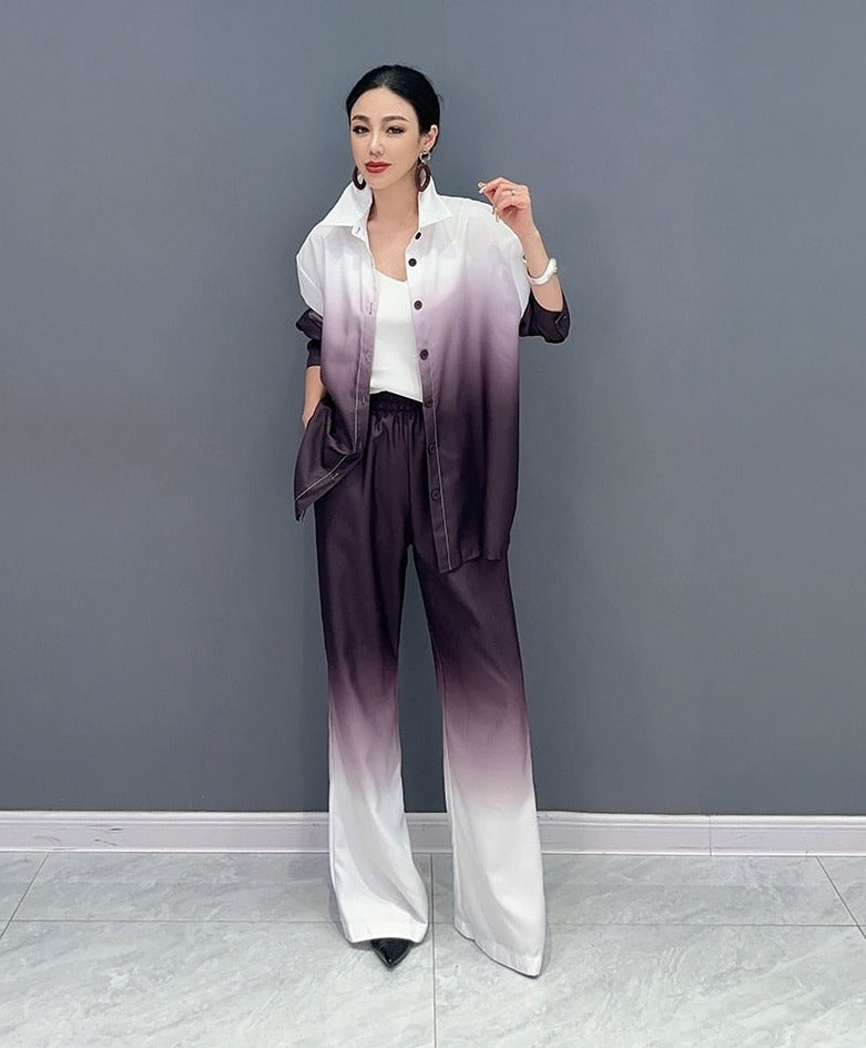 Trendy Fashion Duo Gradient Loose Long Sleeve Top & Pants Set