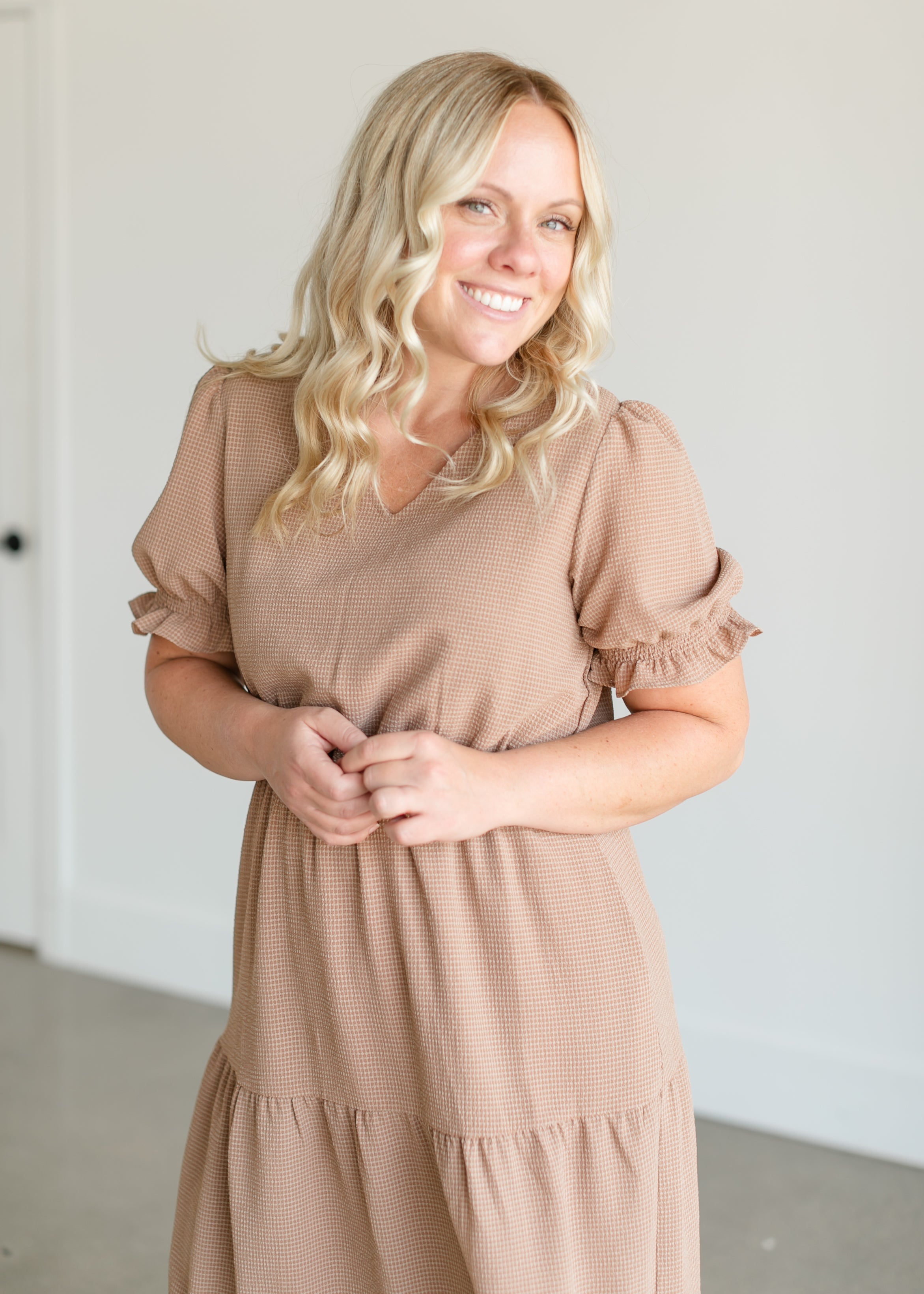 Gingham Tiered V-neck Midi Dress