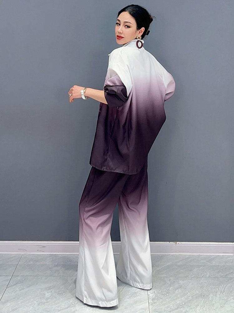 Trendy Fashion Duo Gradient Loose Long Sleeve Top & Pants Set