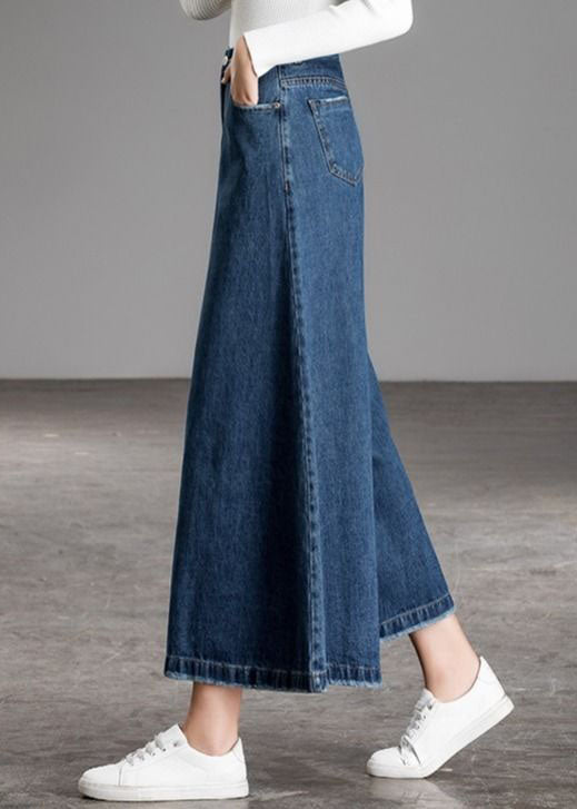 Bohemian Blue High Waist Pockets Wide Leg Fall Denim Pants