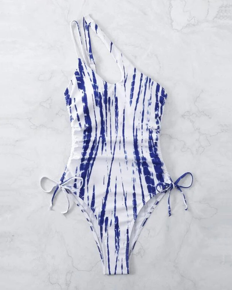 One Pieces Tie Dye Swimsuit One Shoulder Drawstring Bathing Suit