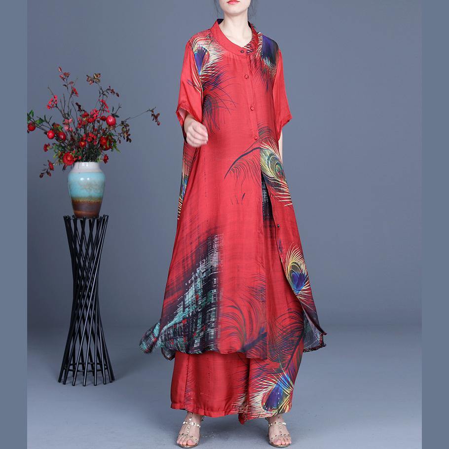 Summer 2021 Loose Silk Red Print Coat + Two Piece Pants