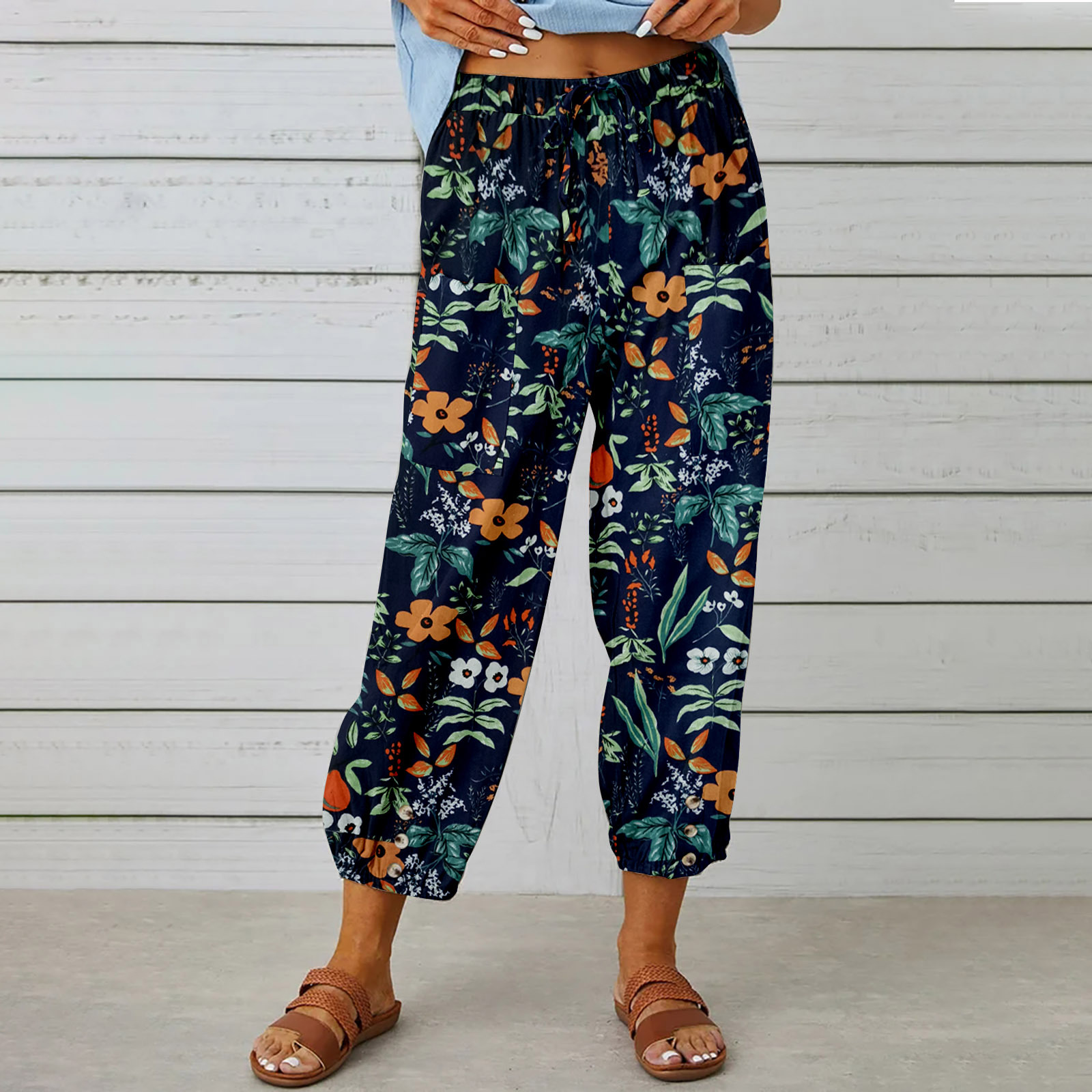 Women's Summer Capri Wide Leg Flower Pants