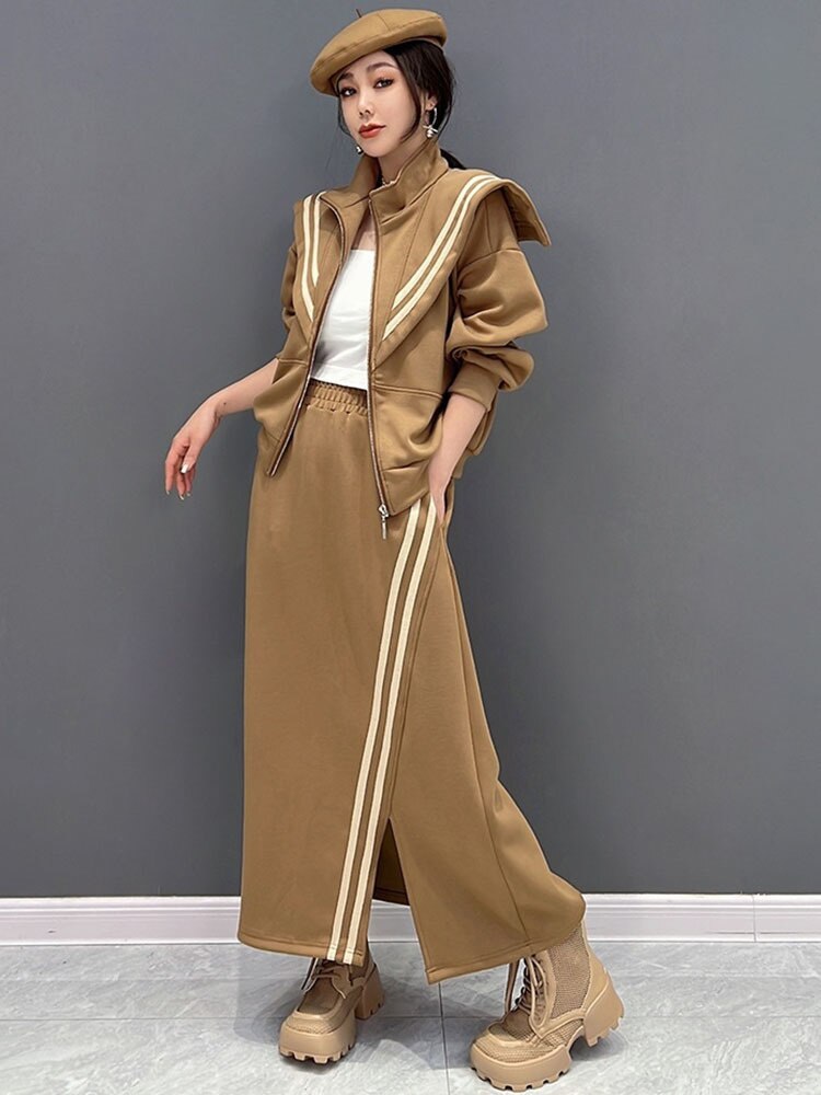 Ella Luxe Oversized Collar Top & Elastic Waist Skirt 2-Piece Set